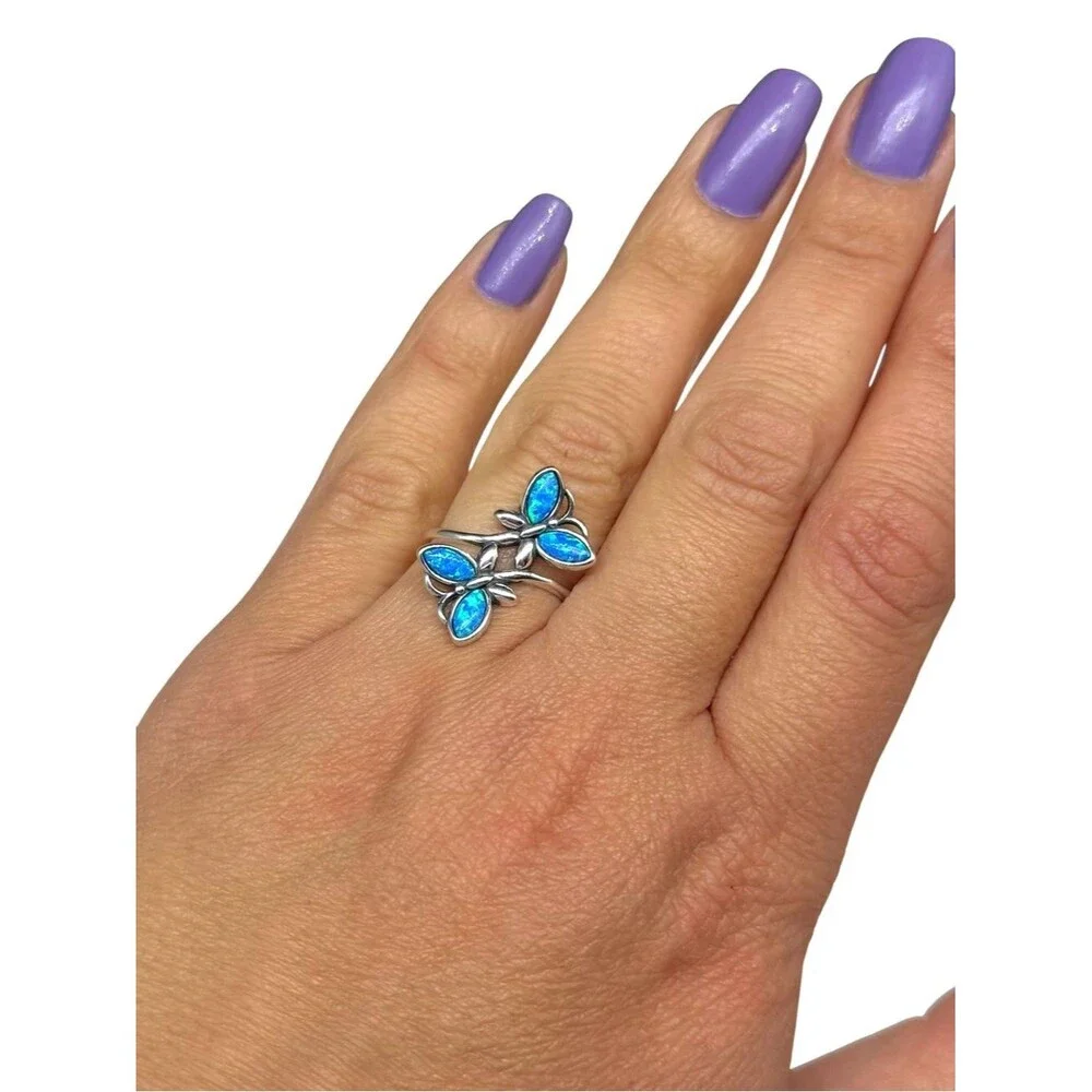 Butterfly Blue Fire Opal Ring Size 6 Solid 925 Sterling Silver Butterflies